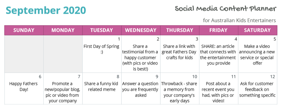 Social Media Content Planner Sample - Australia